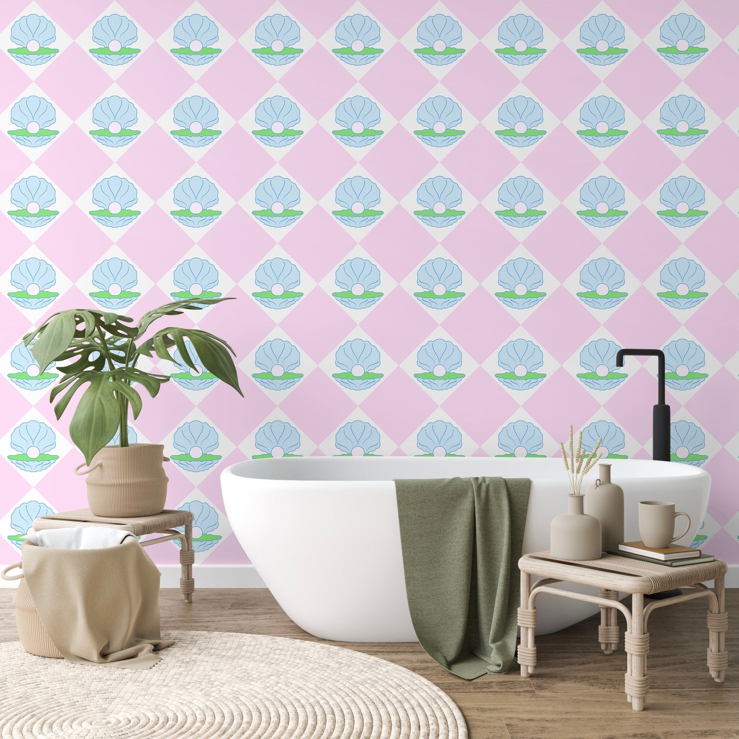 Grande Shell Wallpaper in Soft  Pink and Moss Green | Pink, Blue and Green Seashell wallpaper - ScentiMelti Home Fragrance, Beauty & Gifts UK