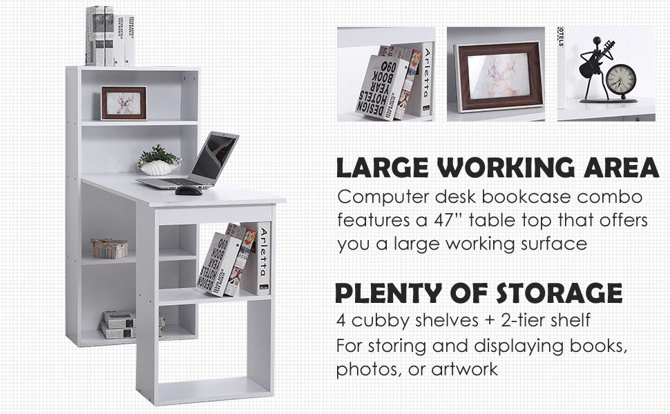 120cm Modern Computer Desk Bookshelf Study Table Workstation PC Laptop Writing Home Office 6 Shelves White - ScentiMelti Home Fragrance, Beauty & Gifts UK