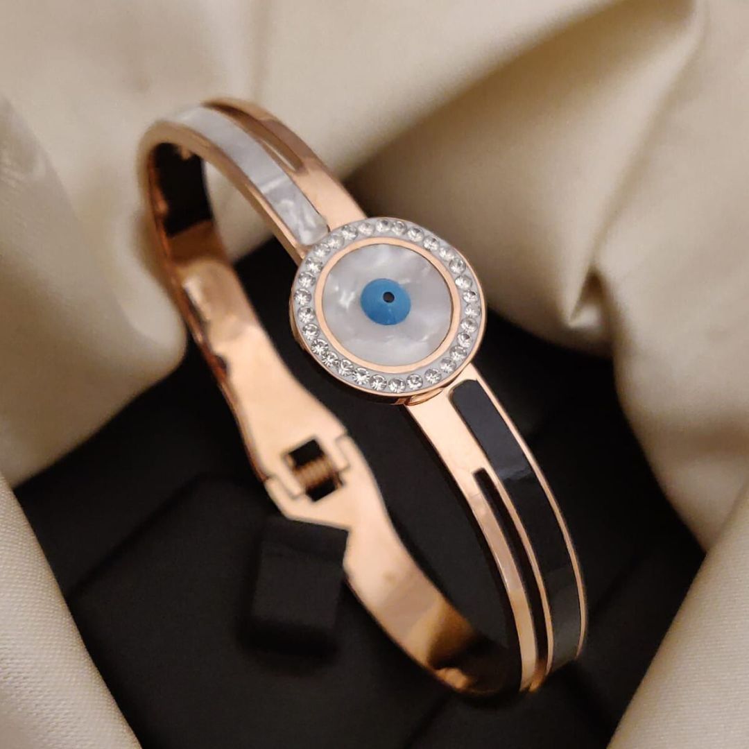 Large Evil Eye Round White Enamel 18ct Plated Gold Zircon Open Bangle - ScentiMelti Home Fragrance, Beauty & Gifts UK