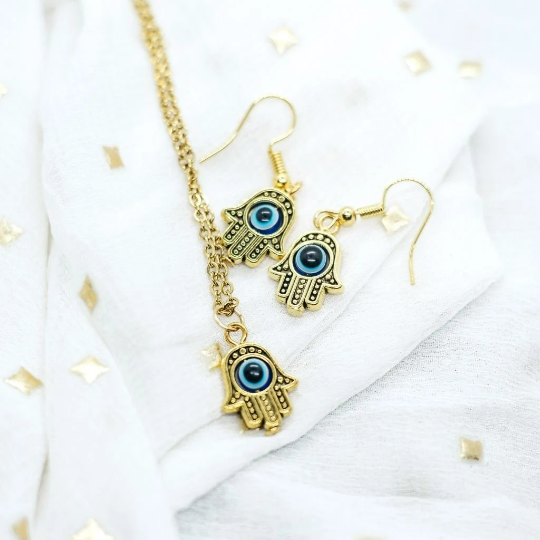 Hamsa Protection Evil Eye Fatima Hand Charm Drop Dangle Necklace and Earrings - ScentiMelti Home Fragrance, Beauty & Gifts UK