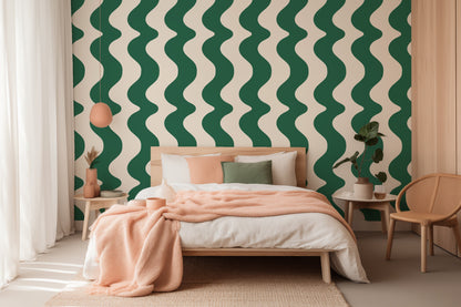 On The Same Wavelength Wallpaper in Forest Green | Wavy wallpaper in forest green colour - ScentiMelti Home Fragrance, Beauty & Gifts UK