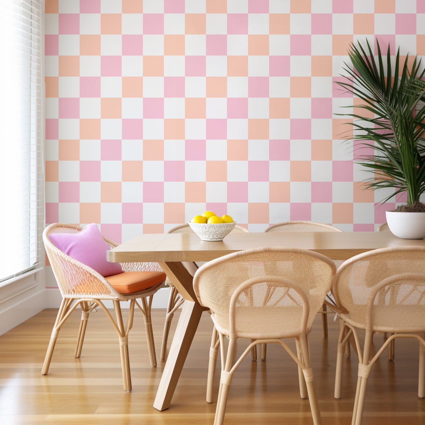 ‘Checkmate’ Checkered Wallpaper in Peach and Pink Candy - ScentiMelti Home Fragrance, Beauty & Gifts UK