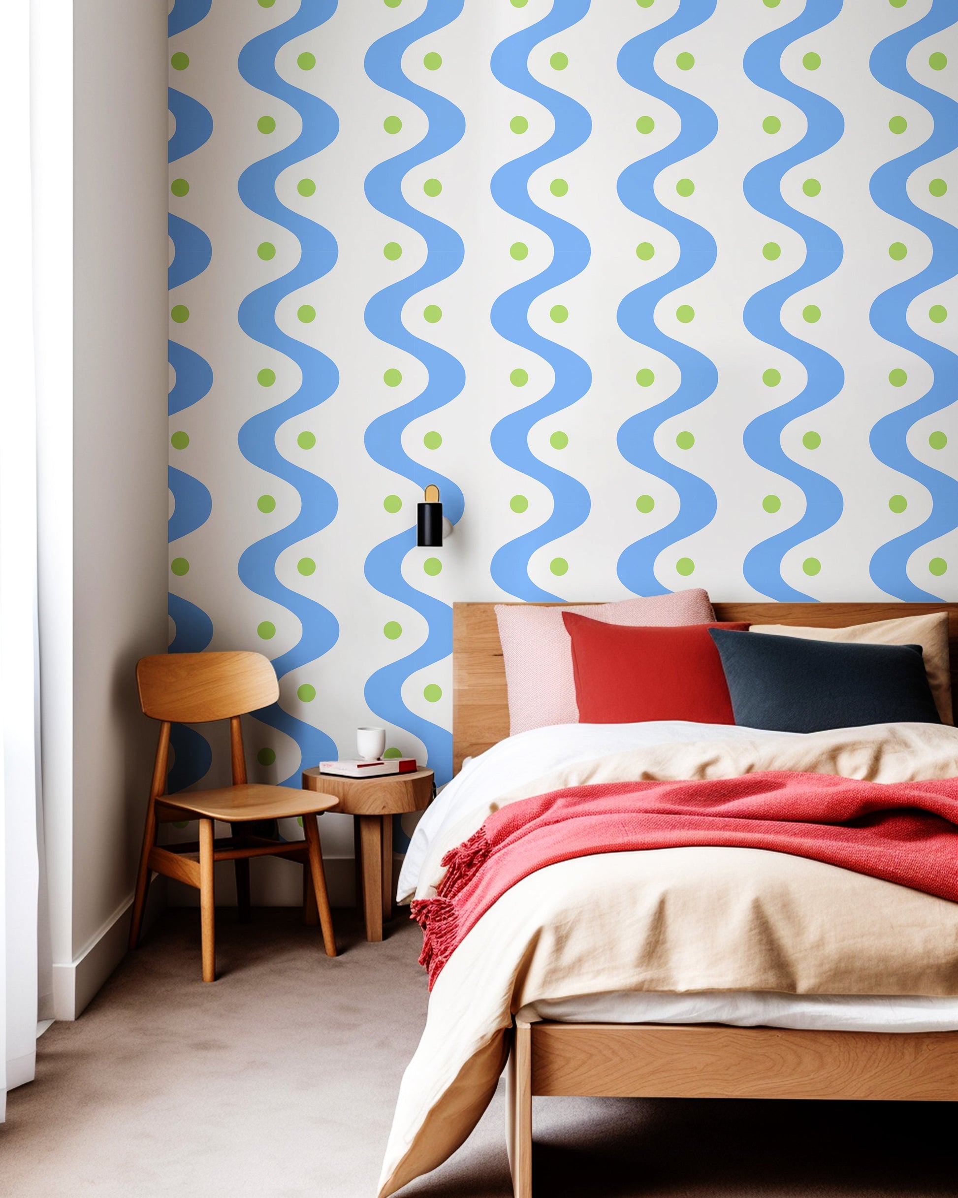 ‘A Wave of Dots’ Wallpaper in Cornflower Blue and Pea Green | Wallpaper with wavy and polka dot pattern - ScentiMelti Home Fragrance, Beauty & Gifts UK