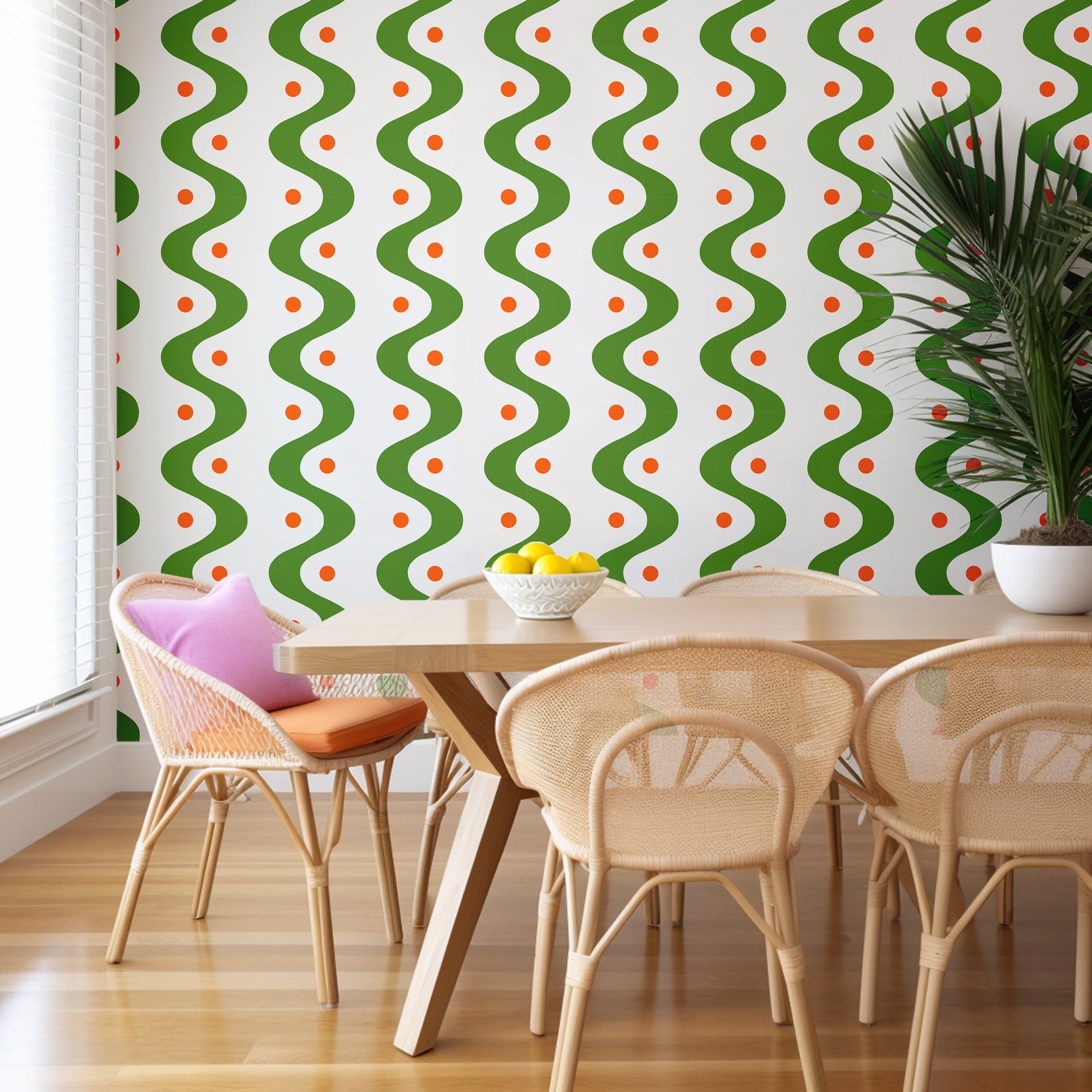 ‘A Wave of Dots’ Wallpaper in Grass Green and Tangerine | Wallpaper with wavy and polka dot pattern - ScentiMelti Home Fragrance, Beauty & Gifts UK