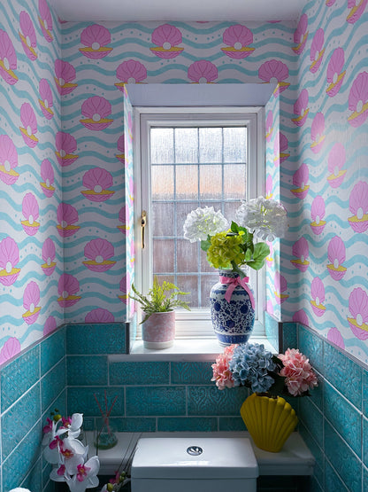 Gems of the Sea Wallpaper in Calm Blue, Pink and Yellow | Seashell Wallpaper in Blue, Pink and Yellow - ScentiMelti Home Fragrance, Beauty & Gifts UK