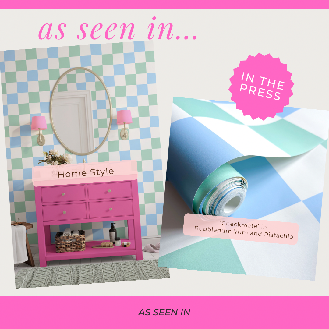 ‘Checkmate’ Checkerboard Wallpaper in Bubblegum Yum and Pistachio | Checkered wallpaper in soft blue and green - ScentiMelti Home Fragrance, Beauty & Gifts UK