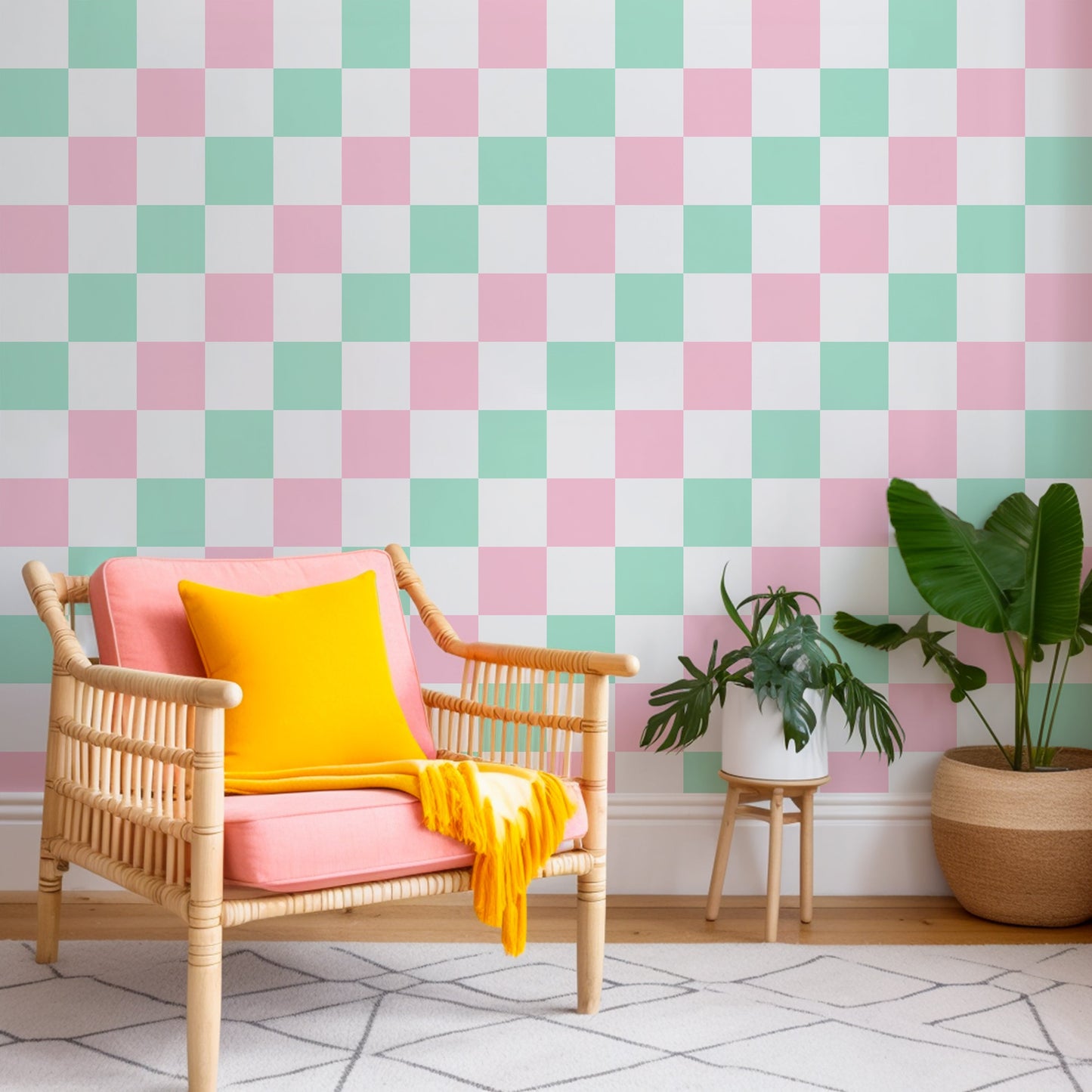 ‘Checkmate’ Checkered Wallpaper in Pink Candy and Mint Green - ScentiMelti Home Fragrance, Beauty & Gifts UK