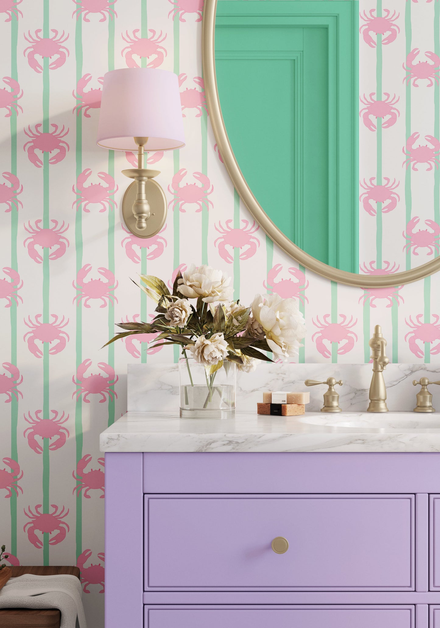 ‘Don’t Be Crabby’ Crabs Wallpaper in Pink with Mint Green stripes | Crabs wallpaper in pink and green - ScentiMelti Home Fragrance, Beauty & Gifts UK