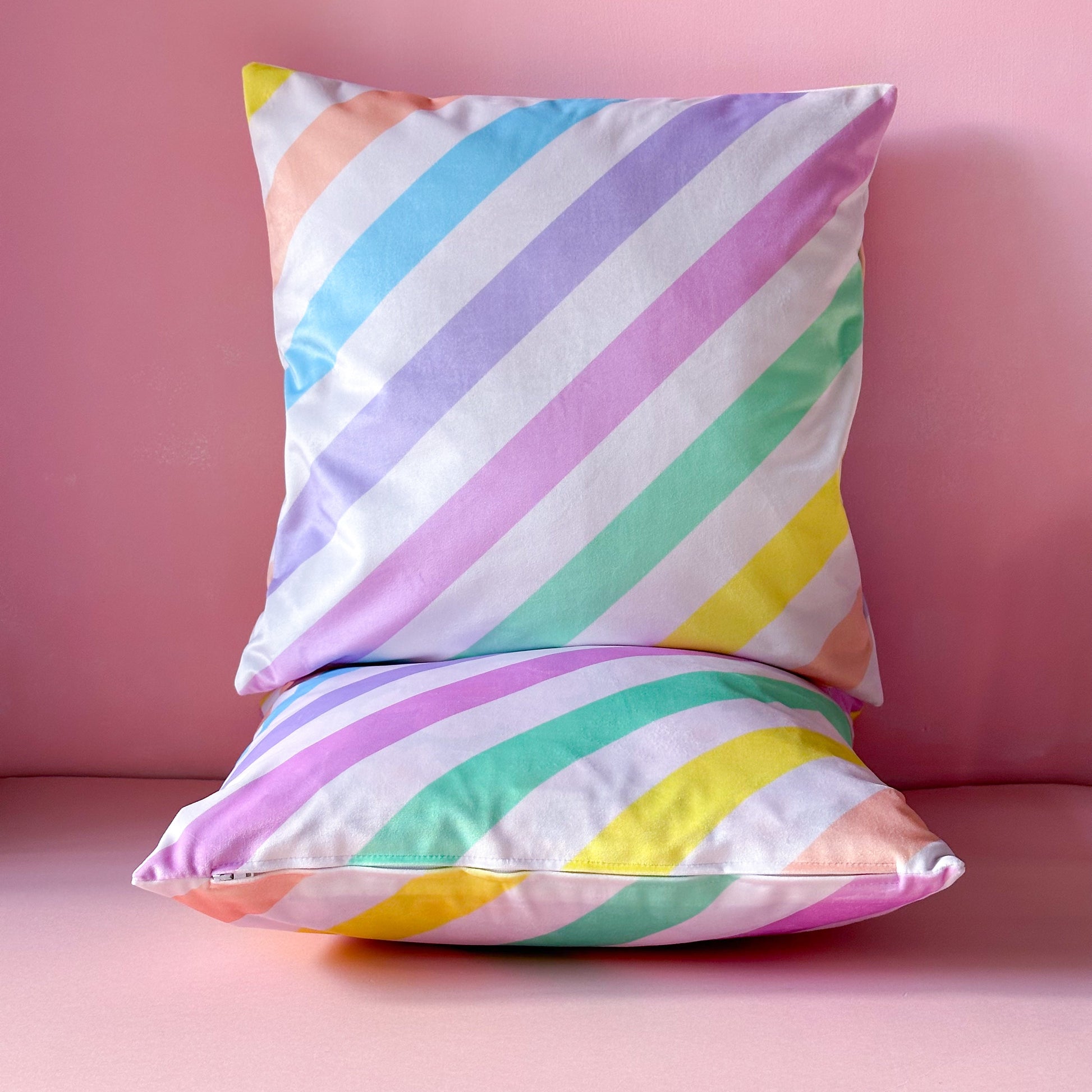 Rainbow velvet cushion square | Diagonal stripes cushion in rainbow colours - ScentiMelti Home Fragrance, Beauty & Gifts UK