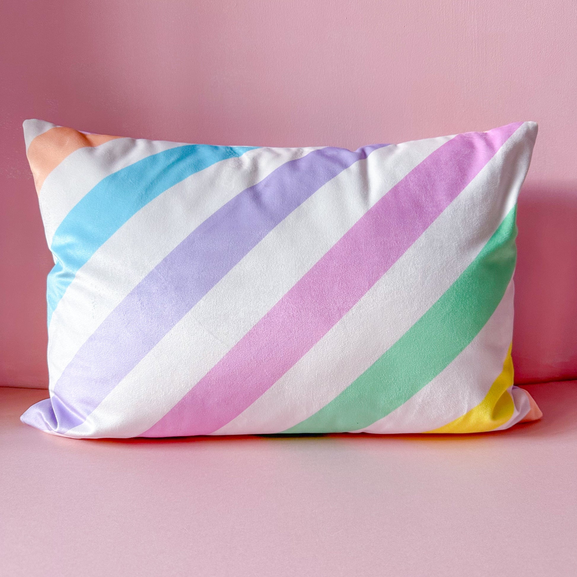 Rainbow pastel velvet cushion rectangle | Diagonal stripes cushion in rainbow colours - ScentiMelti Home Fragrance, Beauty & Gifts UK