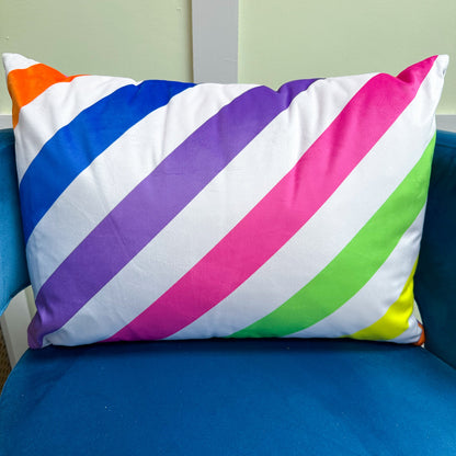 Rainbow neon velvet cushion rectangle | Diagonal stripes cushion in rainbow colours - ScentiMelti Home Fragrance, Beauty & Gifts UK