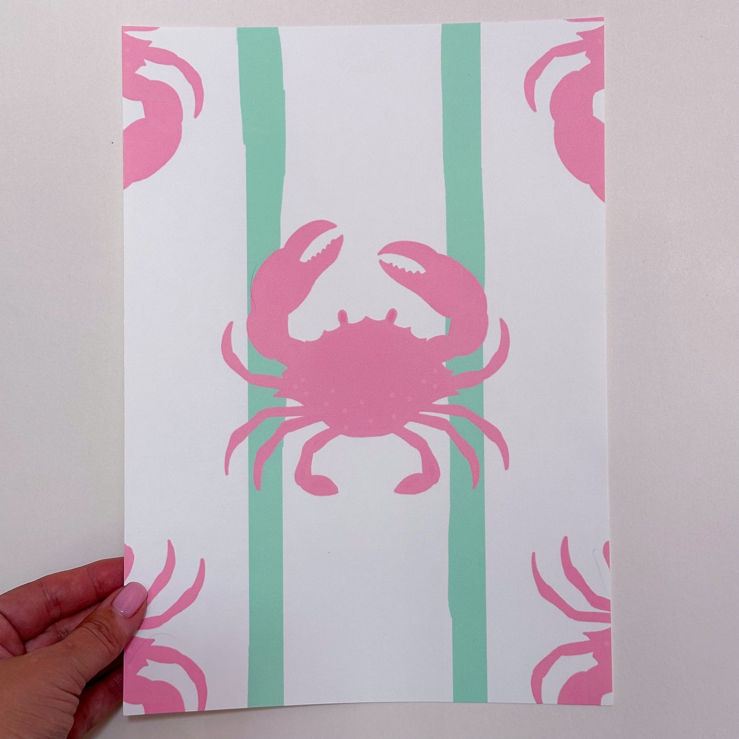 ‘Don’t Be Crabby’ Crabs Wallpaper in Pink with Mint Green stripes | Crabs wallpaper in pink and green - ScentiMelti Home Fragrance, Beauty & Gifts UK