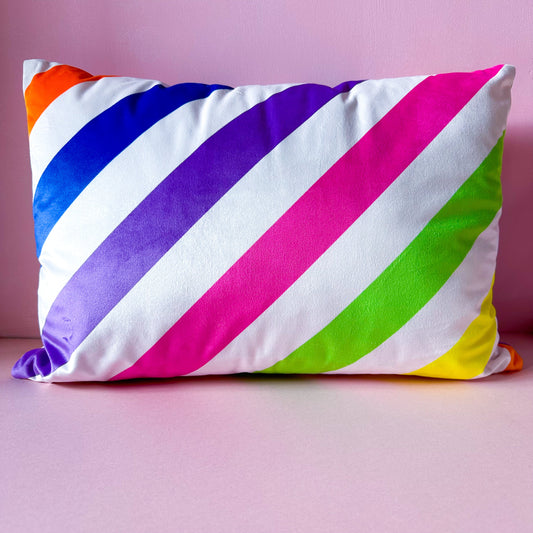 Rainbow neon velvet cushion rectangle | Diagonal stripes cushion in rainbow colours - ScentiMelti Home Fragrance, Beauty & Gifts UK