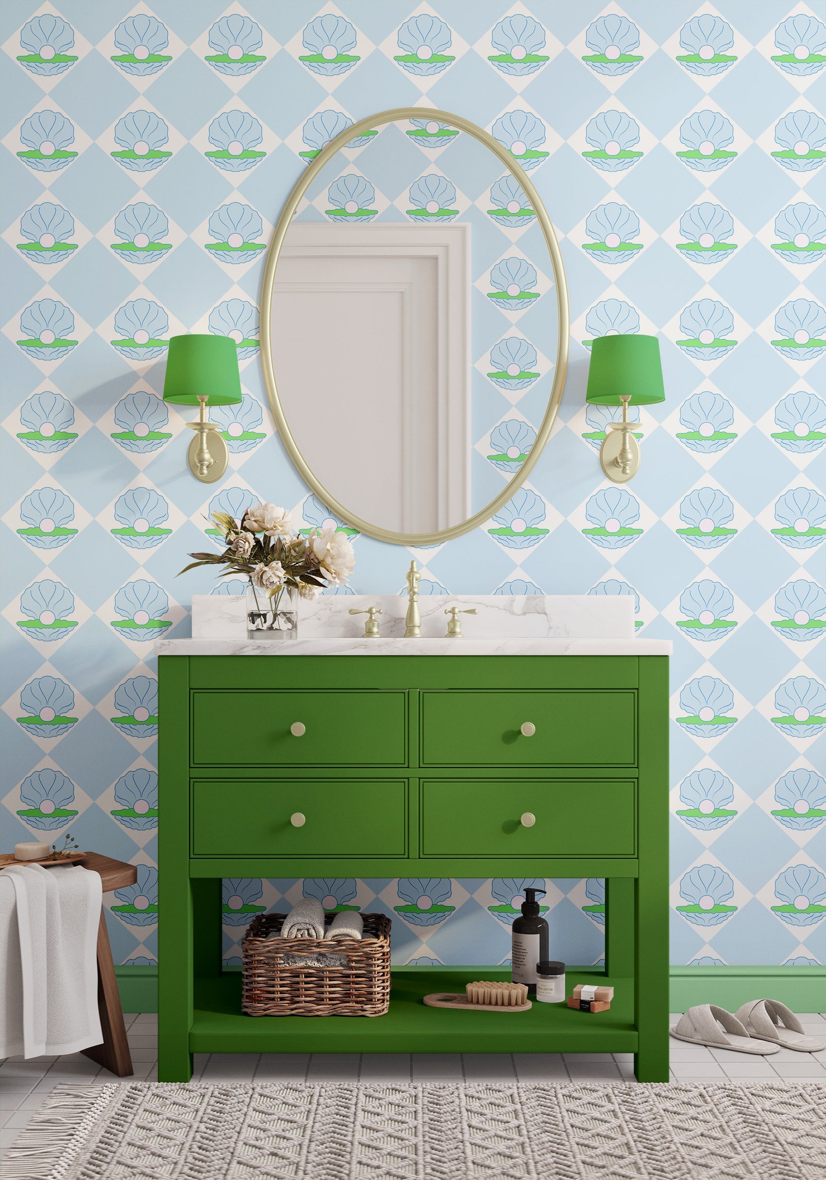 Grande Shell Wallpaper in Soft  Blue and Moss Green | Green and Blue Seashell wallpaper - ScentiMelti Home Fragrance, Beauty & Gifts UK