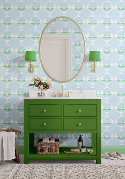 Grande Shell Wallpaper in Soft  Blue and Moss Green | Green and Blue Seashell wallpaper - ScentiMelti Home Fragrance, Beauty & Gifts UK