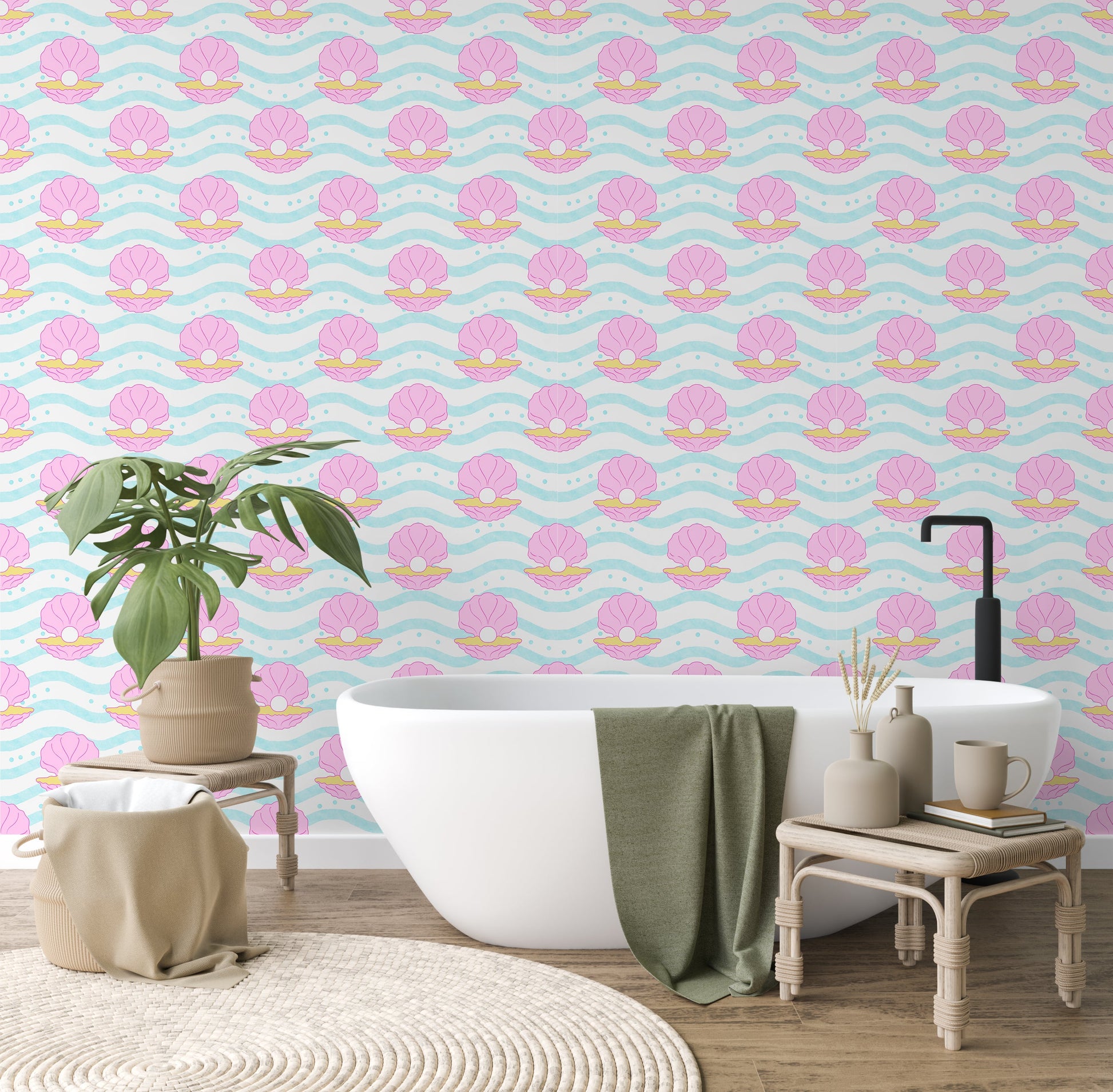 Gems of the Sea Wallpaper in Calm Blue, Pink and Yellow | Seashell Wallpaper in Blue, Pink and Yellow - ScentiMelti Home Fragrance, Beauty & Gifts UK