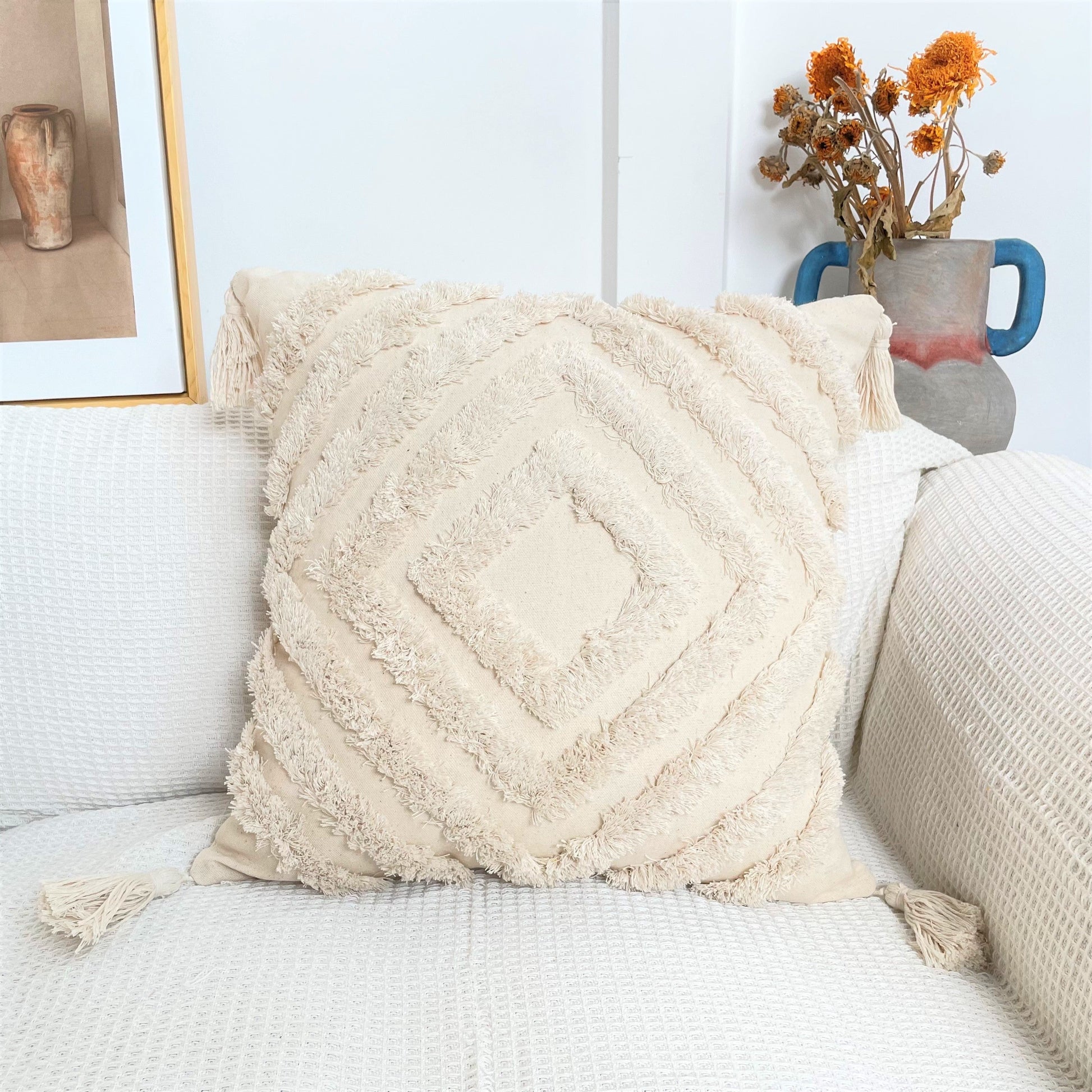 Pure Cotton Custom Boho Tassel Style Tufted Cushion Covers Home Decoration 45x45cm (18 x 18 Inches) - ScentiMelti Home Fragrance, Beauty & Gifts UK