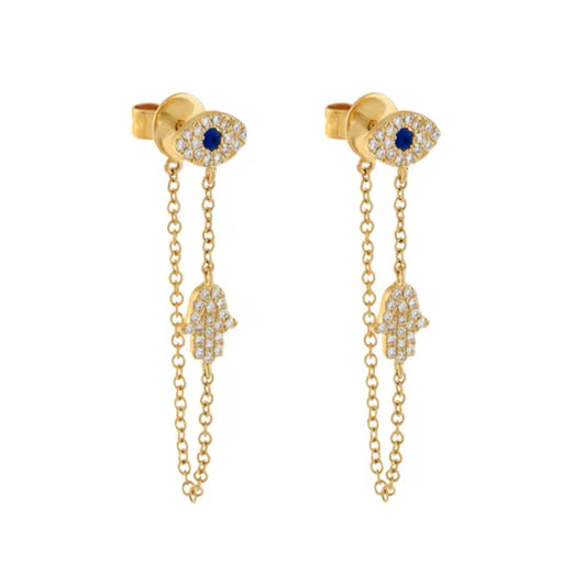 Indrina Jewelled Evil Eye Charm Chain Loop Earrings