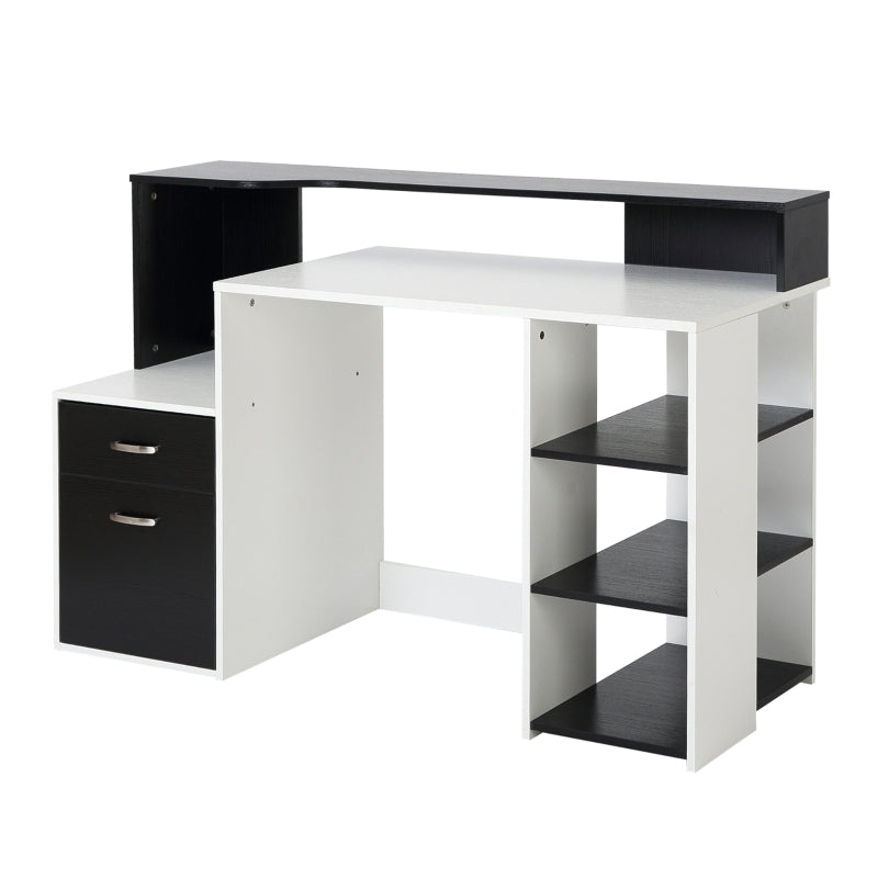 Modern Computer Desk with Drawers and Storage Shelves, Study Workstation, Writing Desk with Printer Stand for Home Office, Black and White - ScentiMelti Home Fragrance, Beauty & Gifts UK