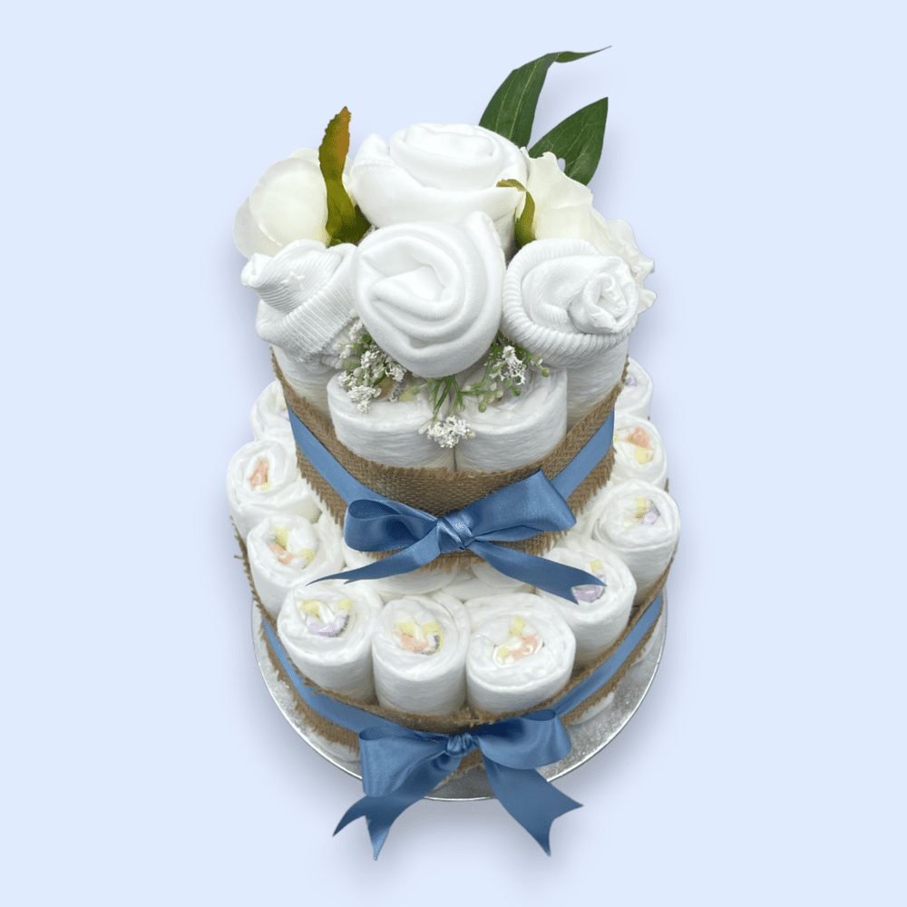 Elegant 2-Tier Naked Nappy Cake with Floral Clothing Arrangement Love & Tiers ScentiMelti Wax Melts