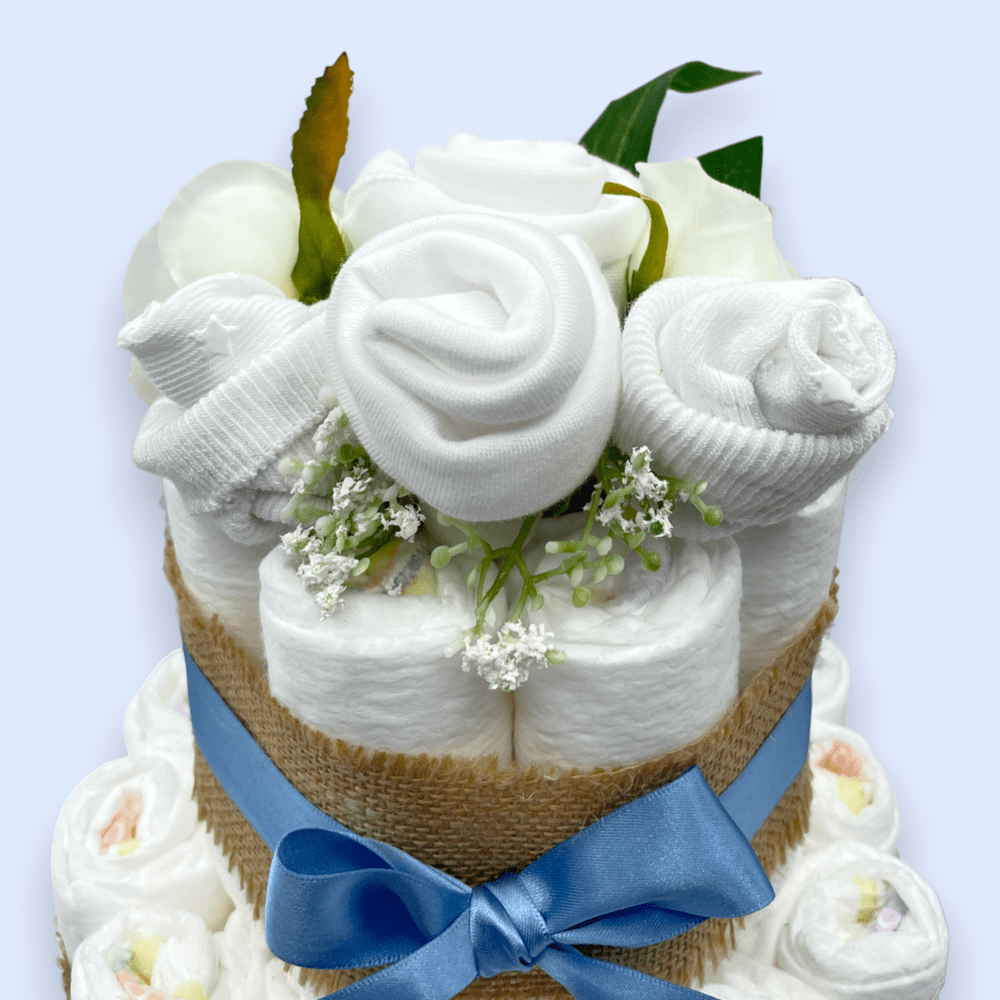 Elegant 2-Tier Naked Nappy Cake with Floral Clothing Arrangement Love & Tiers ScentiMelti Wax Melts