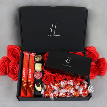 Lindt Lindor Ultimate Gift Hamper With Red Roses - ScentiMelti  Lindt Lindor Ultimate Gift Hamper With Red Roses