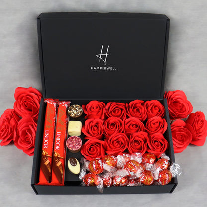 Lindt Lindor Ultimate Gift Hamper With Red Roses - ScentiMelti  Lindt Lindor Ultimate Gift Hamper With Red Roses