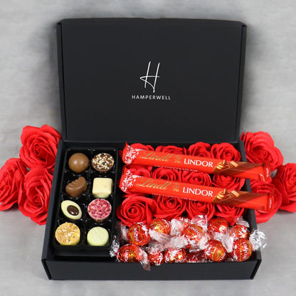 Lindt Lindor Ultimate Gift Hamper With Red Roses - ScentiMelti  Lindt Lindor Ultimate Gift Hamper With Red Roses