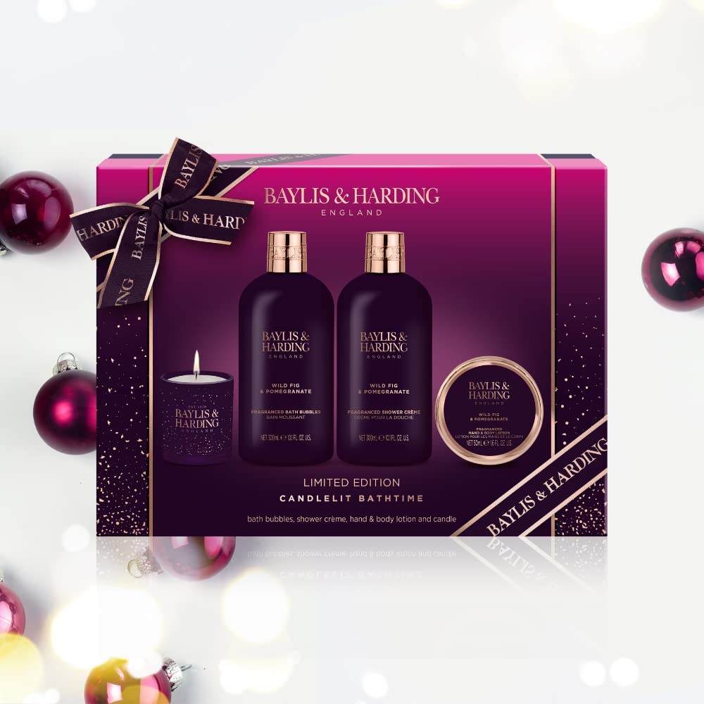 Baylis & Harding Limited Edition Wild Fig & Pomegranate Luxury Candlelit Bathtime Gift Set - Vegan Friendly - ScentiMelti Home Fragrance, Beauty & Gifts UK