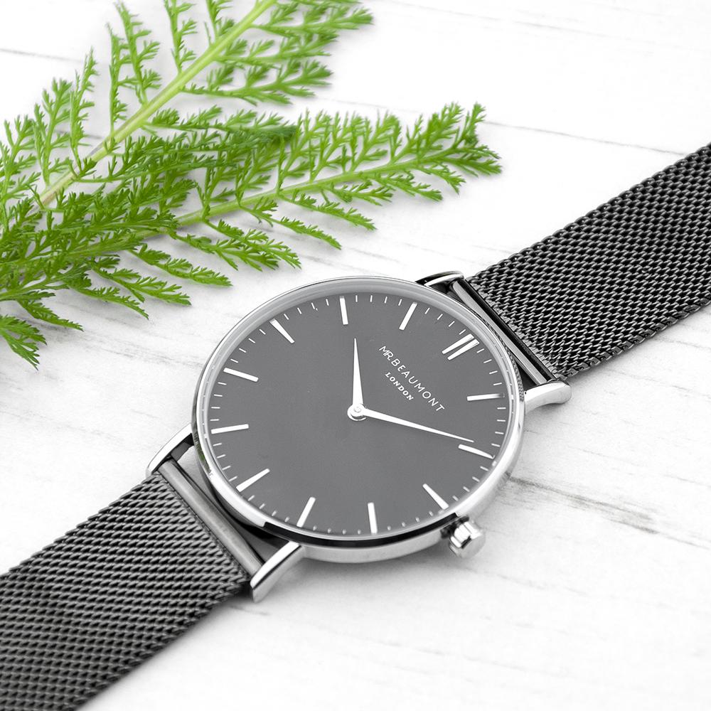 Men's Metallic Charcoal Grey Personalised Watch With Black Face - ScentiMelti Home Fragrance, Beauty & Gifts UK