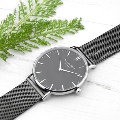 Men's Metallic Charcoal Grey Personalised Watch With Black Face - ScentiMelti Home Fragrance, Beauty & Gifts UK