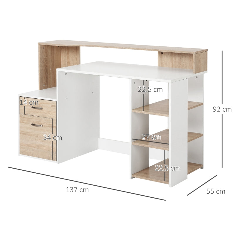 Modern Computer Desk with Drawers and Storage Shelves, Study Workstation, Writing Desk with Printer Stand for Home Office, Oak and White - ScentiMelti Home Fragrance, Beauty & Gifts UK