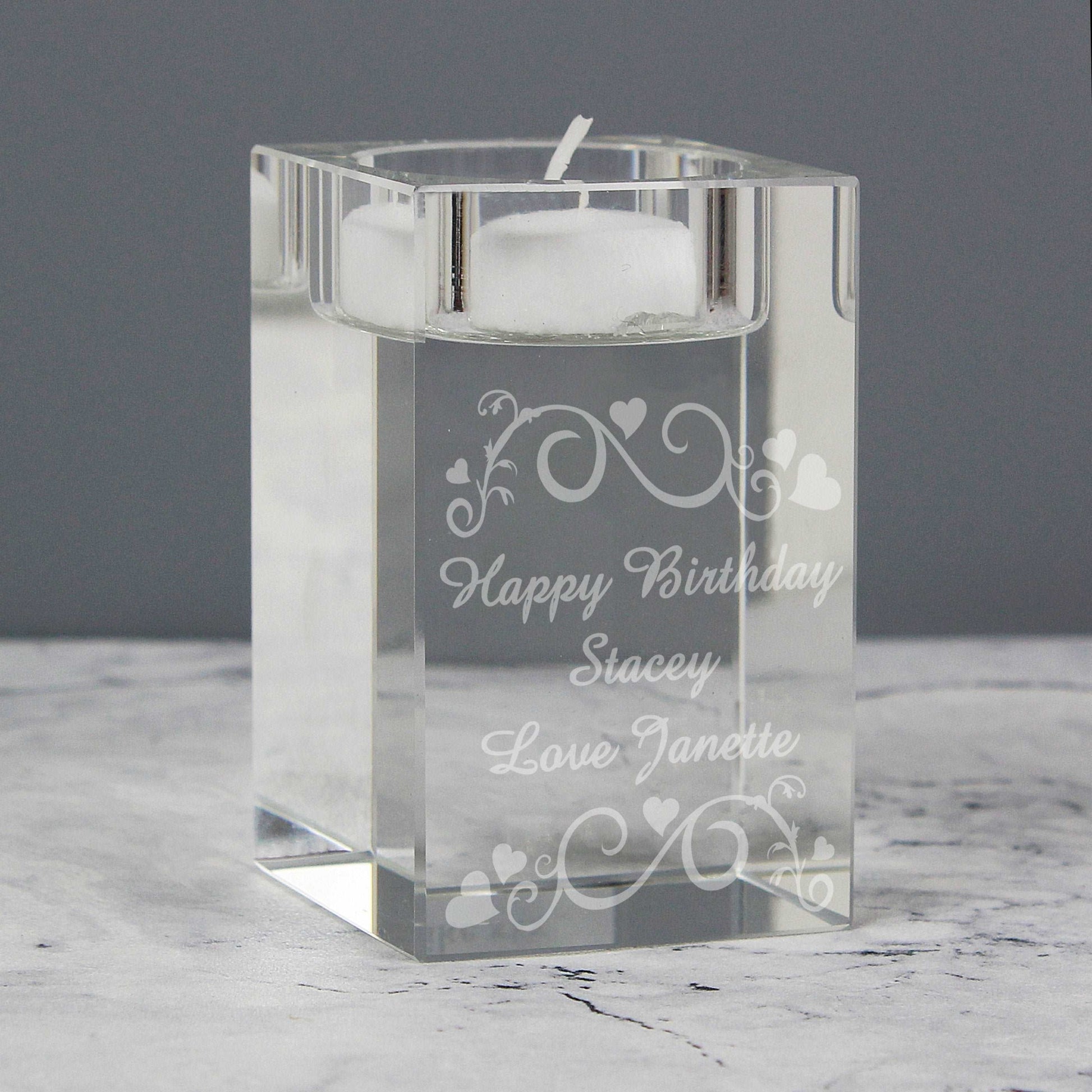 Ornate Swirl personalised Glass Tea Light Candle Holder Sweetlea Gifts Ltd ScentiMelti Wax Melts