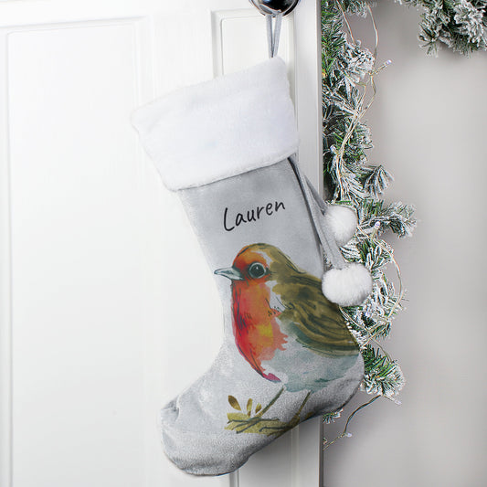 Personalised Robin Silver Grey Stocking - ScentiMelti Home Fragrance, Beauty & Gifts UK