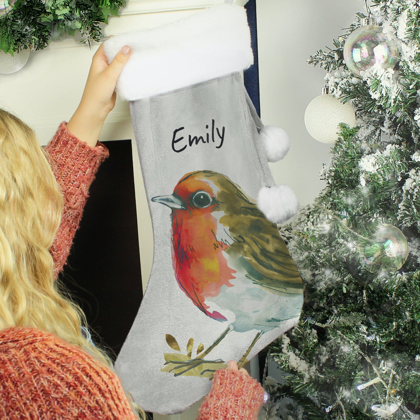 Personalised Robin Silver Grey Stocking - ScentiMelti Home Fragrance, Beauty & Gifts UK