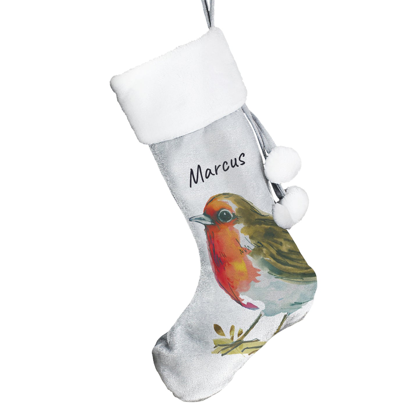 Personalised Robin Silver Grey Stocking - ScentiMelti Home Fragrance, Beauty & Gifts UK