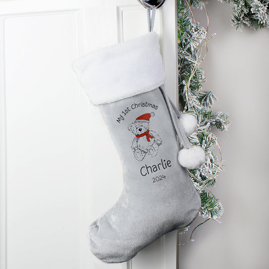 Personalised My 1st Christmas Teddy Silver Grey Stocking - ScentiMelti Home Fragrance, Beauty & Gifts UK