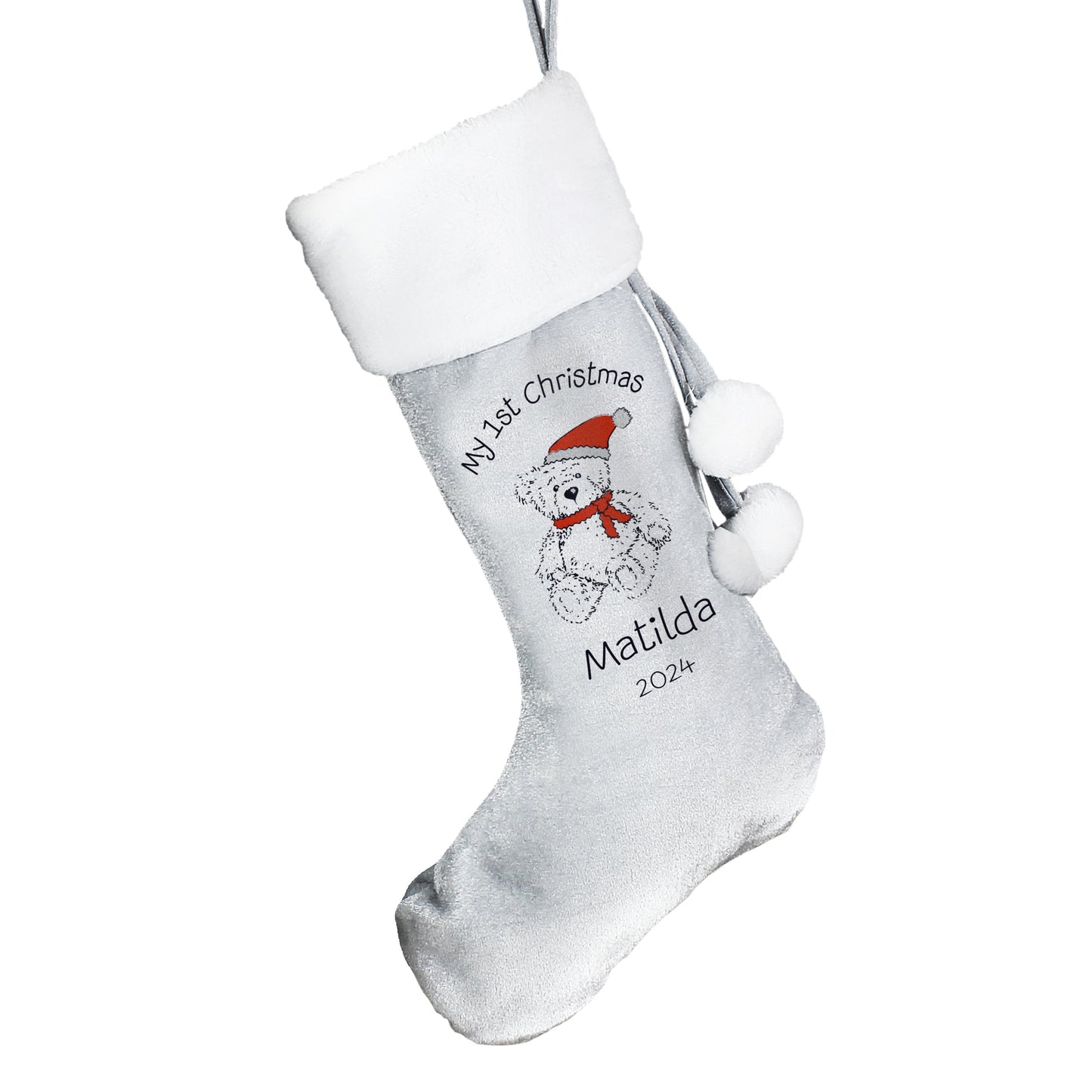 Personalised My 1st Christmas Teddy Silver Grey Stocking - ScentiMelti Home Fragrance, Beauty & Gifts UK