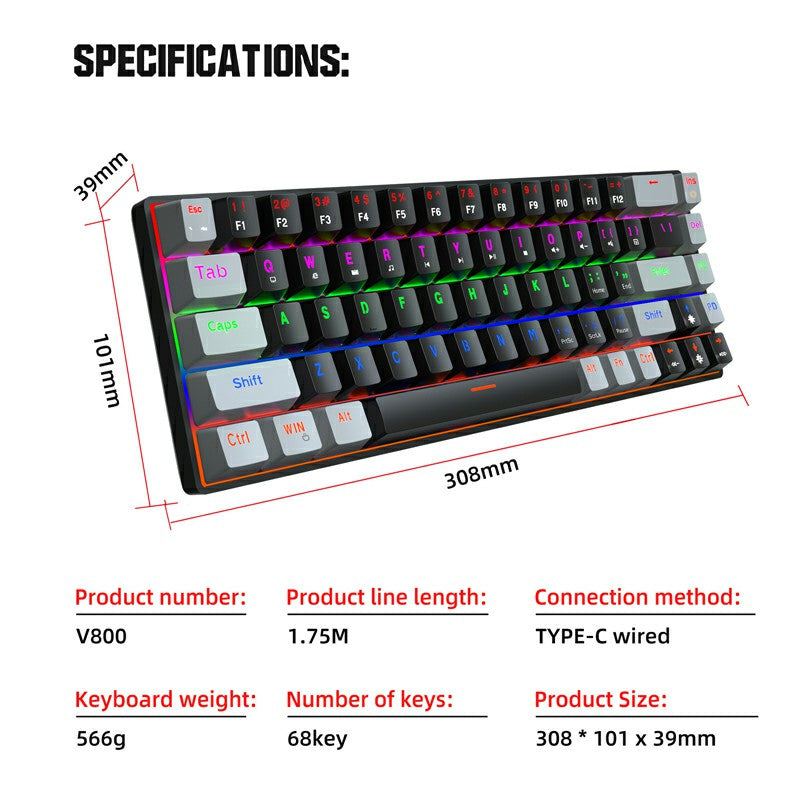 V800 68 Keys Keycap RGB Lighting Effect Metal Panel Blue-Switch Mechanical Keyboard - ScentiMelti Home Fragrance, Beauty & Gifts UK