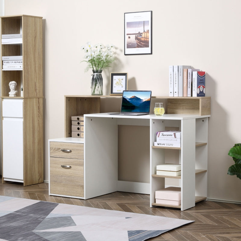 Modern Computer Desk with Drawers and Storage Shelves, Study Workstation, Writing Desk with Printer Stand for Home Office, Oak and White - ScentiMelti Home Fragrance, Beauty & Gifts UK