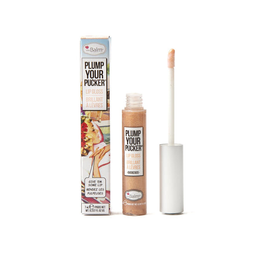 theBalm cosmetics PLUMP YOUR PUCKER® Lip Gloss Overstate - sheer light nude with golden glitter - ScentiMelti Home Fragrance, Beauty & Gifts UK