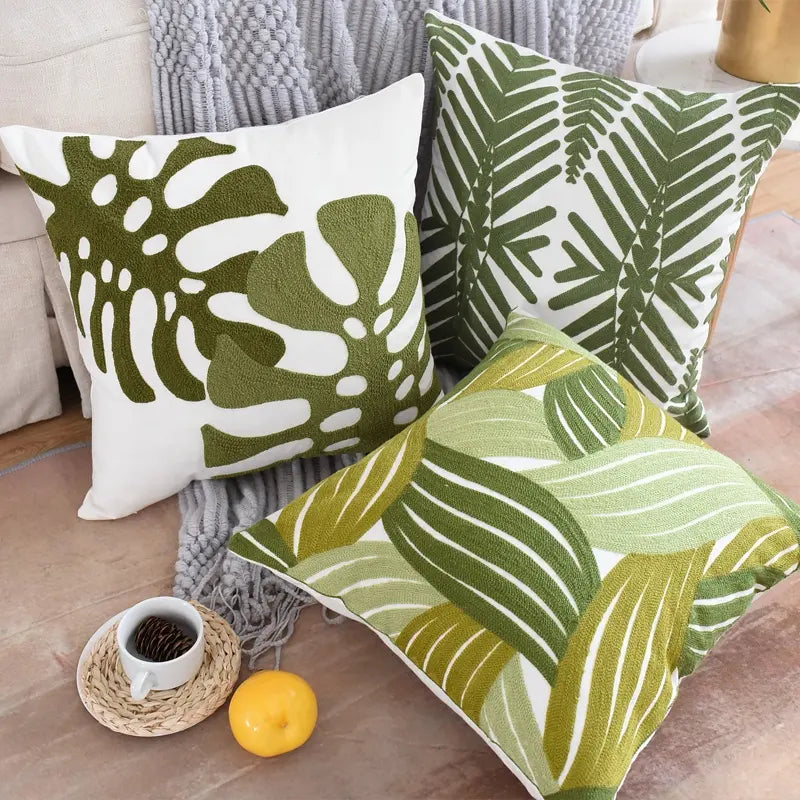 Pure Cotton Green Leaves Pattern Embroidery Cushion Cover 45x45cm (18 x 18 Inches) - ScentiMelti Home Fragrance, Beauty & Gifts UK