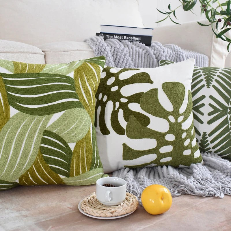 Pure Cotton Green Leaves Pattern Embroidery Cushion Cover 45x45cm (18 x 18 Inches) - ScentiMelti Home Fragrance, Beauty & Gifts UK