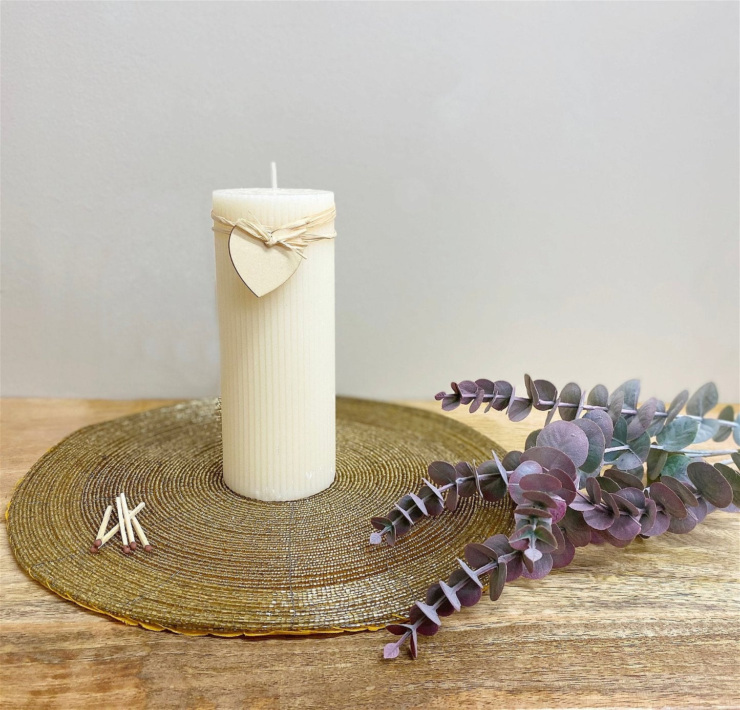 Large Cream Ridged Pillar Candle with Heart Decoration - ScentiMelti Home Fragrance, Beauty & Gifts UK