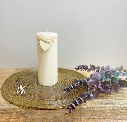 Large Cream Ridged Pillar Candle with Heart Decoration - ScentiMelti Home Fragrance, Beauty & Gifts UK