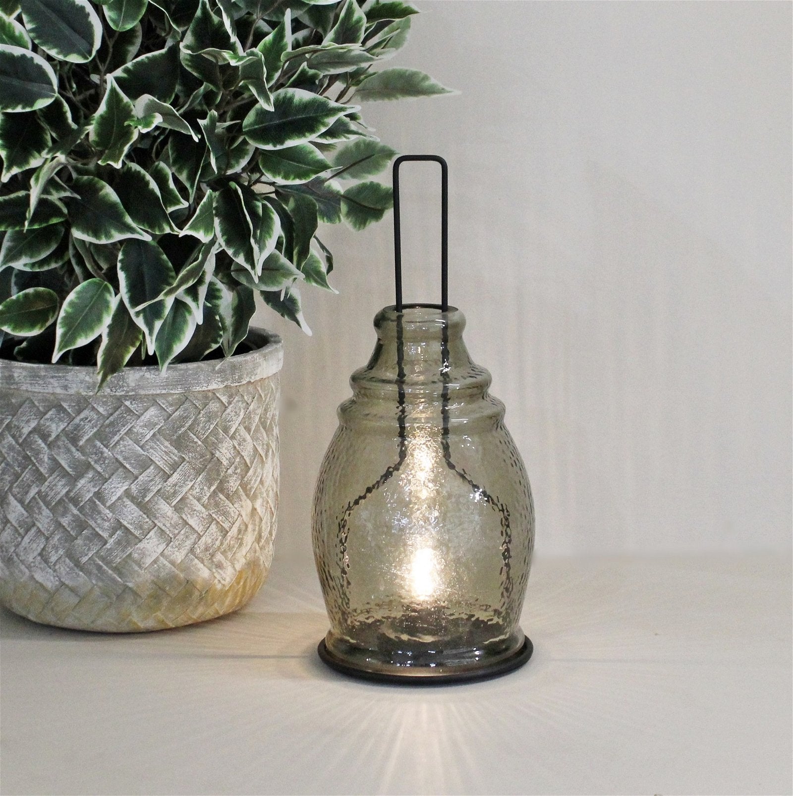 LED Glass Lantern, Grey & Black, 35x15cm. Billies Inks ScentiMelti Wax Melts