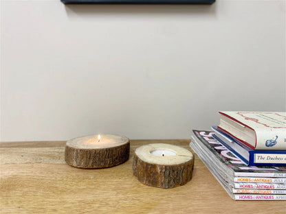 Set of Two Wooden Tealight Holders with Bark Detail Billies Inks ScentiMelti Wax Melts