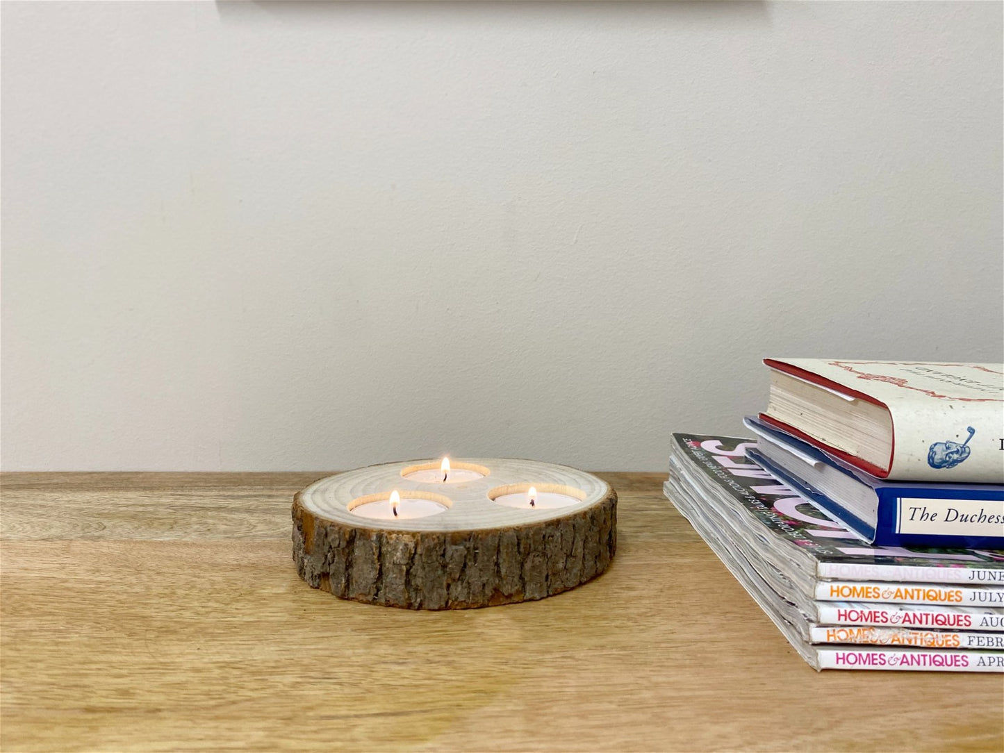 Wooden Triple Tealight Holder with Bark Detail Billies Inks ScentiMelti Wax Melts