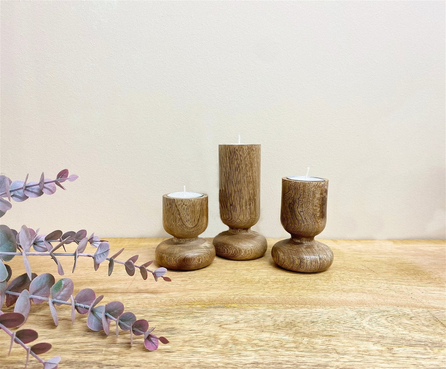 Set of Three Wooden Candlestick or Tea Light Holders Billies Inks ScentiMelti Wax Melts