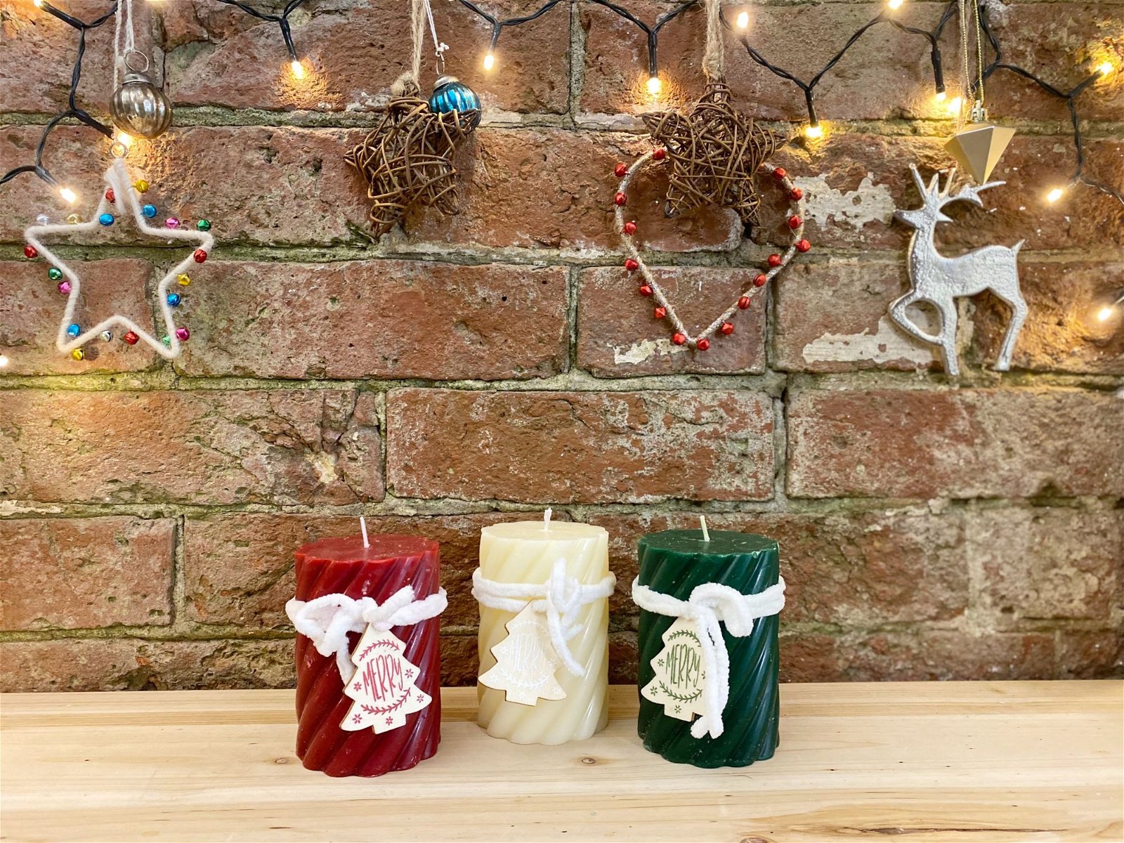 Three Twist Pillar Candles, Green, Cream & Red - ScentiMelti Home Fragrance, Beauty & Gifts UK